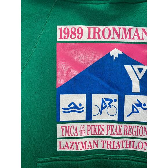 Vintage 1980s Ironman Hoodie 1989 YMCA Pikes Peak Lazyman Green 80s Discus Small - Picture 3 of 10